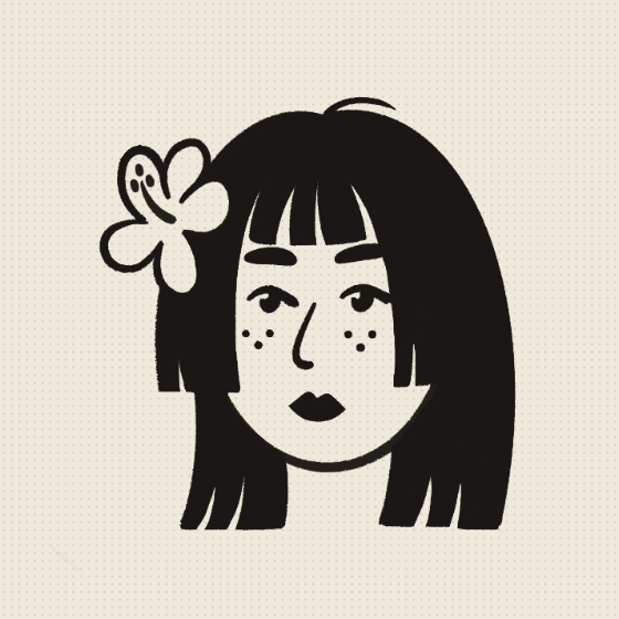 Ink portrait of Lena Marsh with a flower in her hair, on a halftone paper field